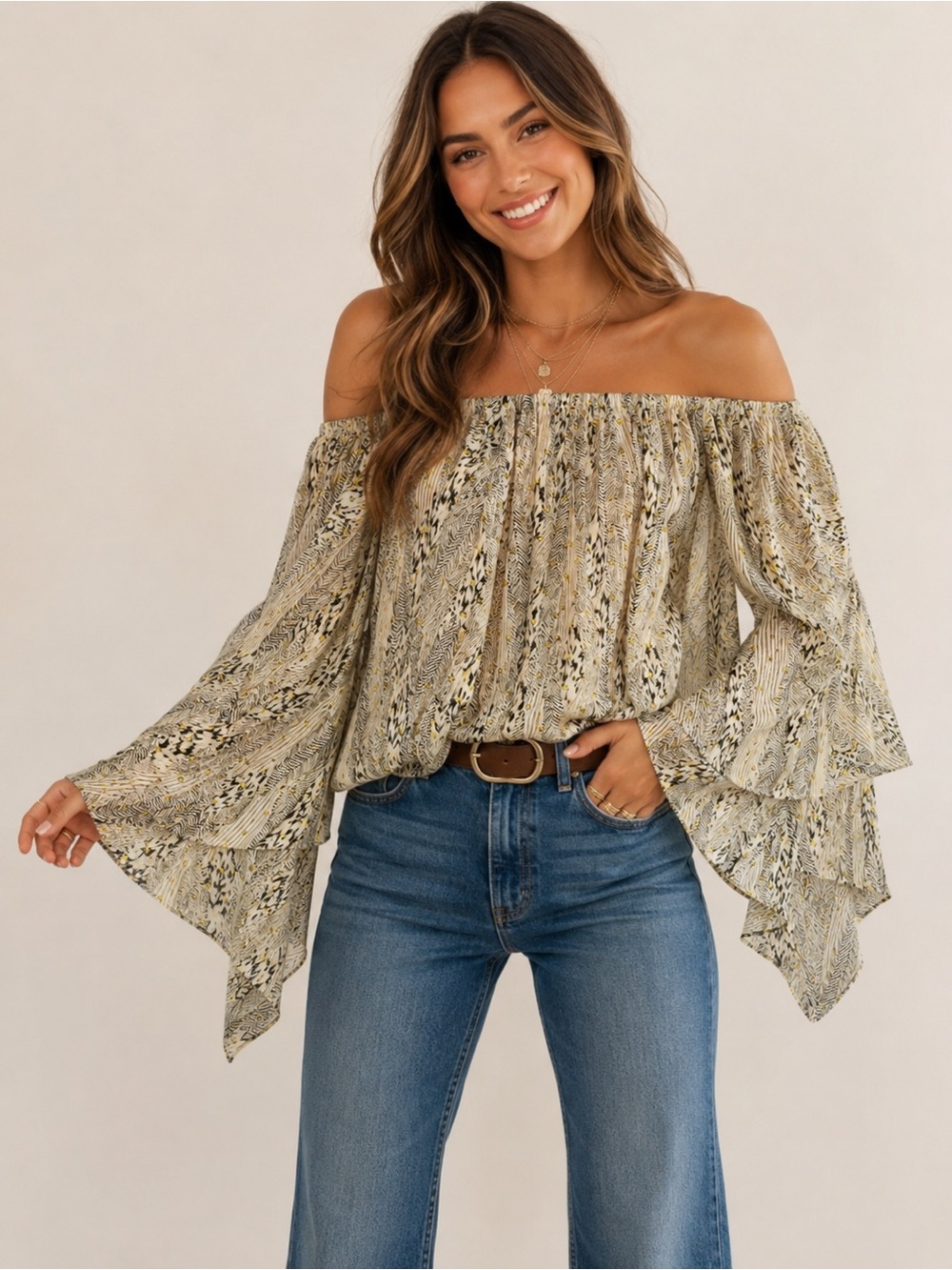 Charmed Hearts Off Shoulder Bell Sleeve Peasant Top XL Boho Cream Black Gold